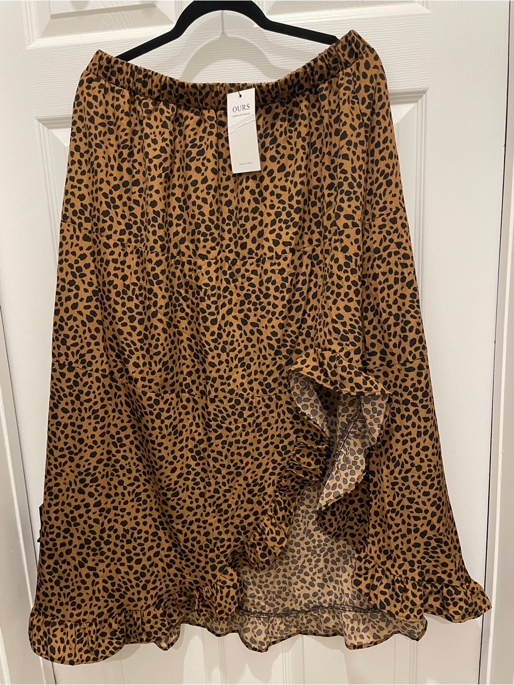 OURS Brown Leopard-Print Midi Skirt with Ruffle Hem 2XL NWT